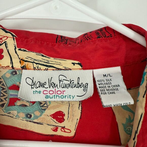 Diane Von Furstenberg Vintage Silk Blouse Button Up Playing Cards Vegas Size M/L - Picture 5 of 10